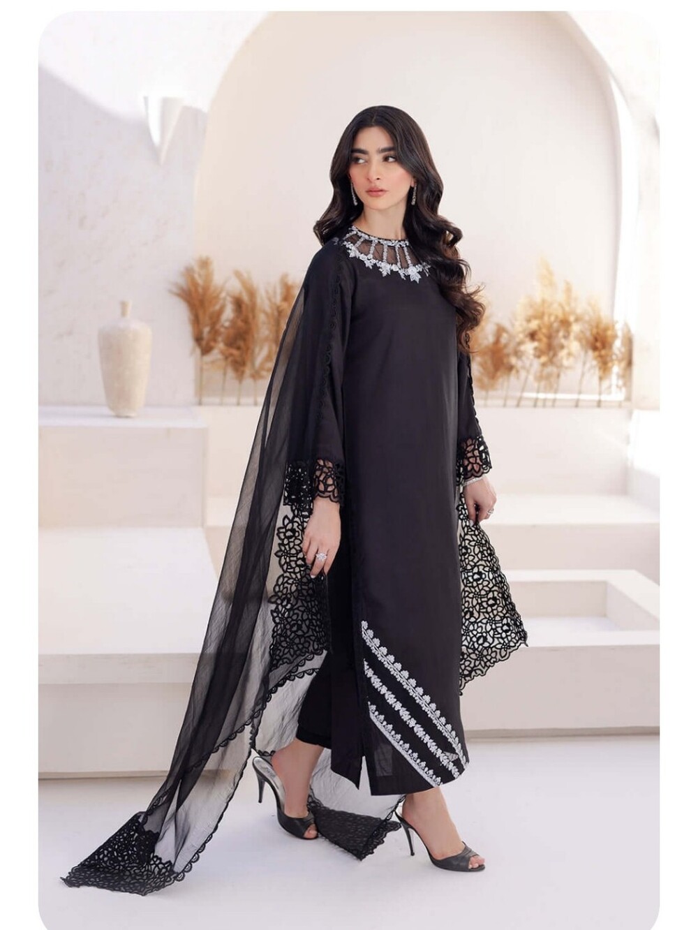 Elegant Black Embroidered Chiffon Suit with Sheer Dupatta